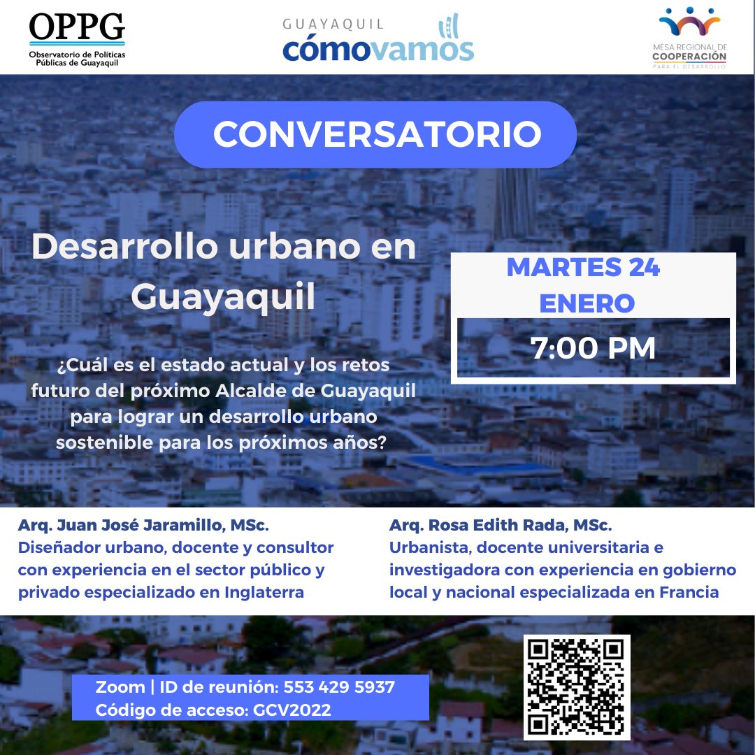 oppgye_'s tweet photo. Candidatos a la Alcaldía y ciudadanía guayaquileña:
Esta semana hablaremos de desarrollo y planificación urbana para el gobierno de Guayaquil con varios expertos y expertas locales.
¡Hagan un espacio en sus agendas y participen!
#GuayaquilDebate
#ComprenderparaTransformar https://t.co/rnSC6JkTuJ