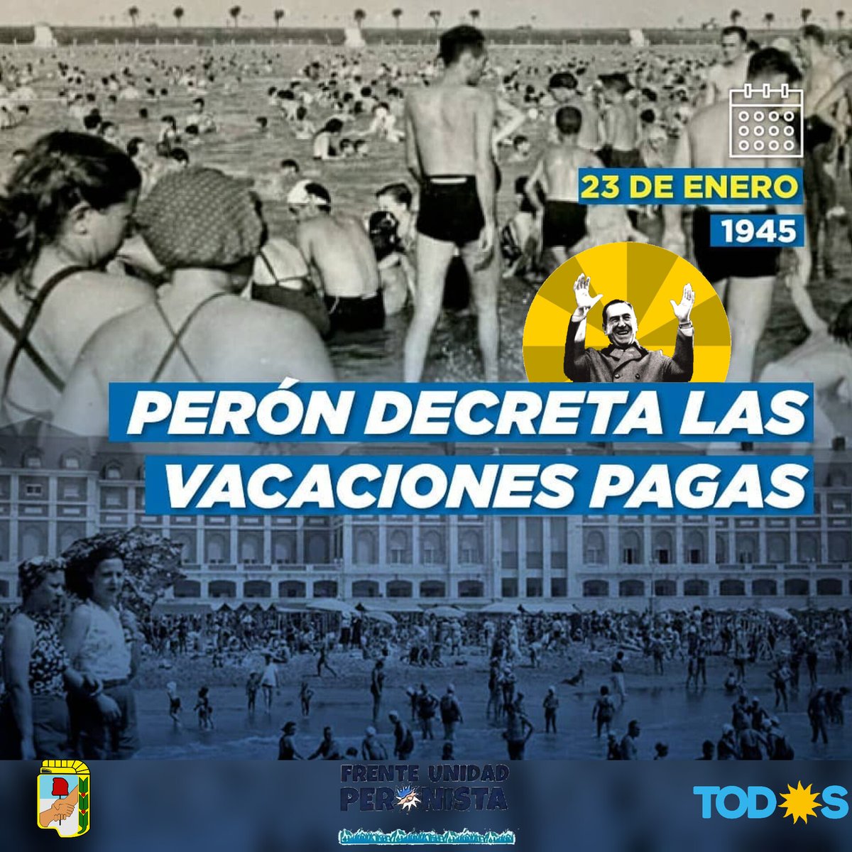 FUPeronistaOk's tweet photo. El 23 de enero de 1945, la Secretaría de Trabajo y Previsión a cargo del entonces Coronel Juan Domingo Perón, proclamó el Decreto N° 1440, mediante el cual se habilitó a los trabajadores argentinos a gozar de un período de vacaciones pagas.

#Peron https://t.co/dluXSqr2Vs