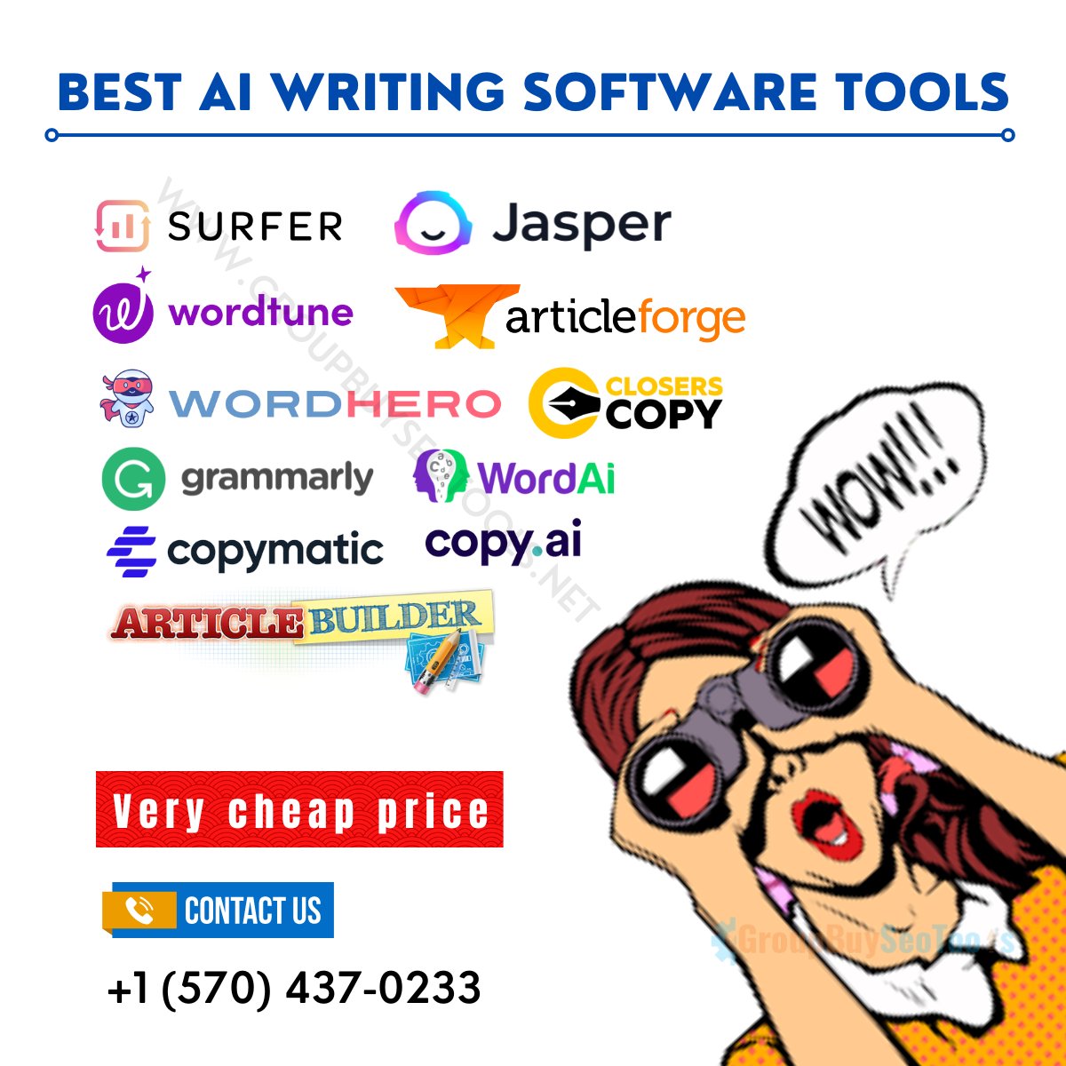 Best AI Writing Software Tools✍️✍️
👌👌Very cheap price

✅Grammarly
✅Closerscopy
✅ArticleForge
✅ArticleForge
✅Wordtune
✅Surfer Seo
✅Wordhero
✅Copymatic
✅Wordai

👉👉WhatsApp me for More details +1 (570) 437-0233

#writing #ai #software #seo #writingtools
