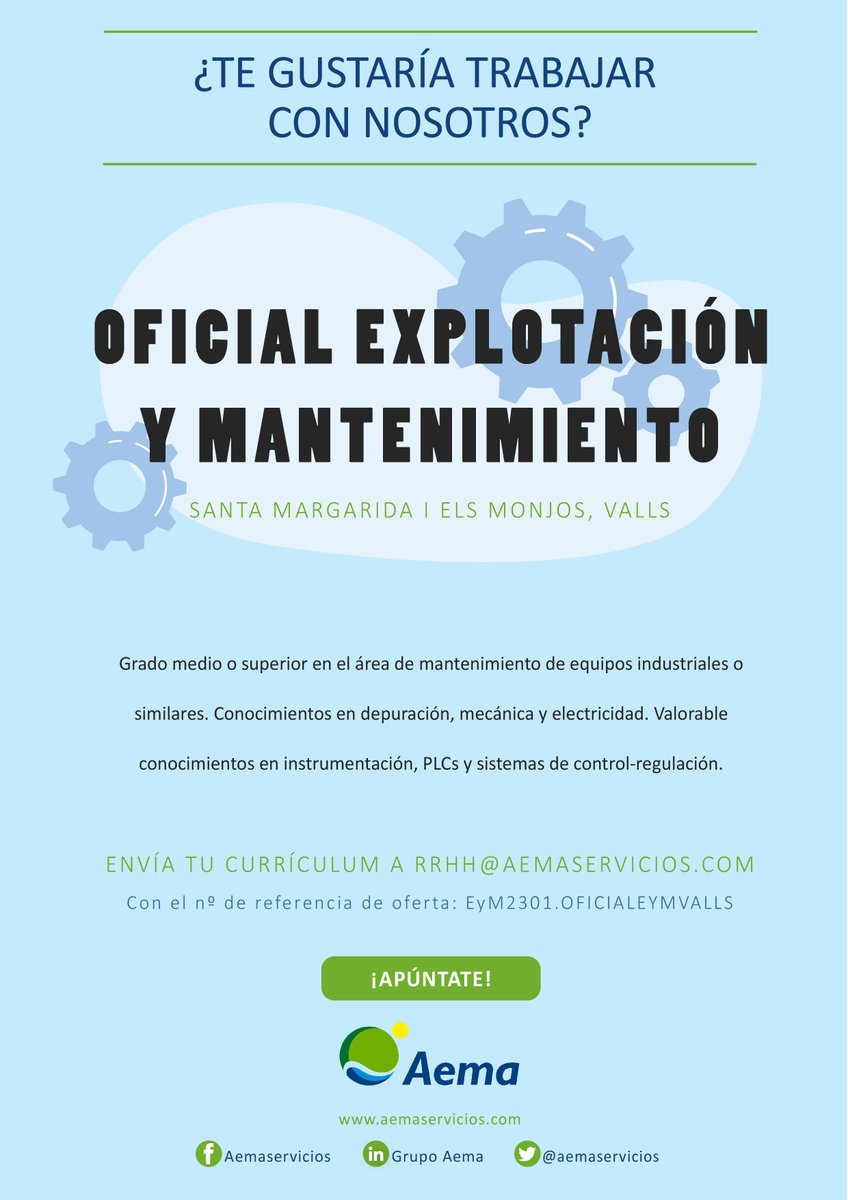 ¡Buscamos Oficial/a de Explotación y Mantenimiento! ¿Te interesa?

📍Santa Margarida I Els Monjos, Valls
📆 Incorporación Inmediata

Si quieres saber más sobre ofertas de empleo 👉ow.ly/nBGl50MxpAB