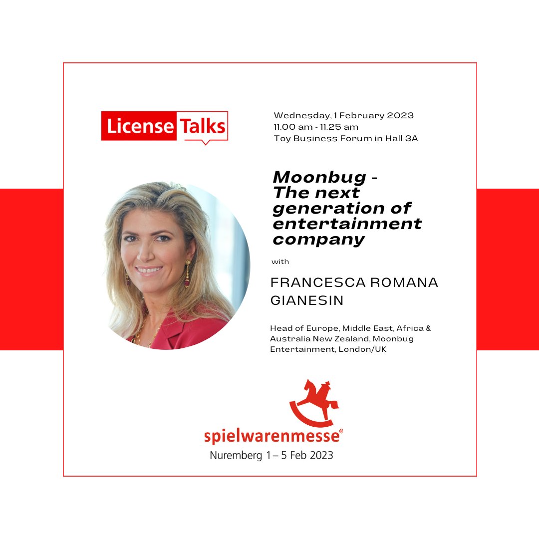 'Moonbug (@MoonbugKids) - The next generation of entertainment company' Our first License Talks session at @Spielwarenmesse with Francesca Romana Gianesin📢 Toy Business Forum in Hall 3A 📍 Wednesday, 1 February 2023, 11.00 am 📆 The programme 👉ow.ly/zfP750MxEKH