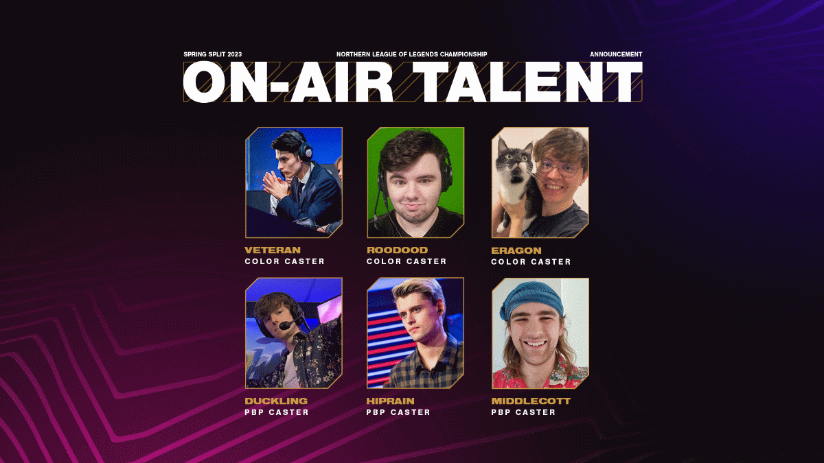 NLClol's tweet photo. 🌟2023 NLC Spring Split Talent 🌟

It's time to meet the on-air talent for the upcoming Spring Split - let's give them all a warm welcome 👇

@Hiprain 
@VeteranEU 
@Roodood1 
@MiddlecottIsMe 
@EragonUK 
@DucklingCasts 

Catch them in action starting tomorrow! https://t.co/j17MijmvVY