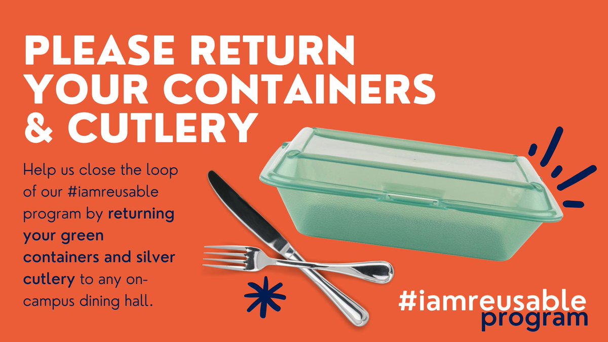 HospitalityUofG's tweet photo. Have any of our green containers or cutlery sitting in your room? Your office? Your fridge? Or in your cupboard?

Please return them to any dining hall, so we can keep them in our #iamreusable program.

In exchange, you'll get a program card to use the next time you dine with us. https://t.co/95oPfbM4sU