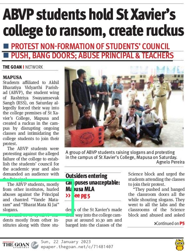 SanishaDessai's tweet photo. For these people chanting "Vandematram and Bharatmaata ki Jai" slogans in college premises is their insult.
This shows their intentions. https://t.co/3brmDcj0LQ
