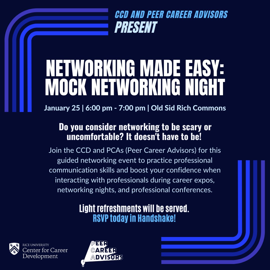 Join the CCD and the PCAs for Networking Made Easy: Mock Networking Night! During this guided networking event, you'll practice professional communication skills that will boost your confidence and allow you to put your best foot forward in various professional settings.