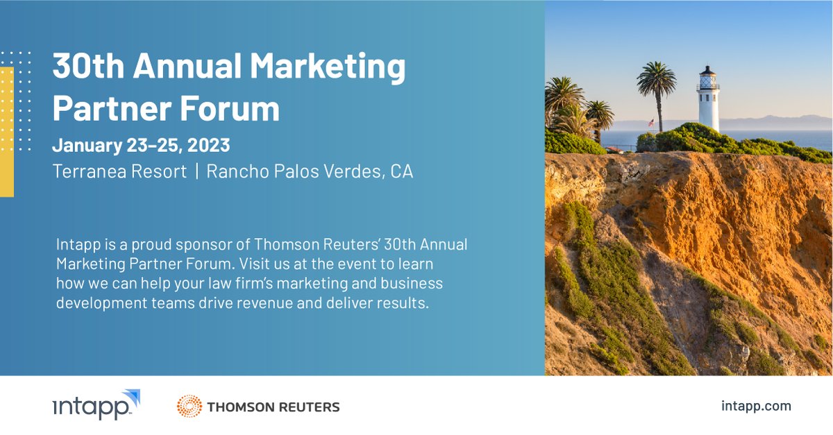 We look forward to seeing you at the #TRInstitute 30th Annual Partner Forum, January 23-25. Let's discuss how we can help your law firm’s marketing and business development teams drive revenue and deliver results. tmsnrt.rs/3HgUzZs 

#LawFirms #LegalTech #Intapp