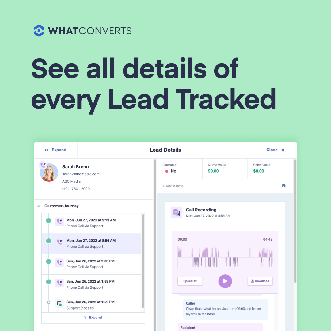 whatconverts's tweet image. Traditional reports tell you the number of call leads per campaign📝

@whatconverts provides their contact details and user journey.📞

#whatconverts #calltracking #customerjourney #callattribution #leadtracking #marketing101 #martech #marketingclarity #saas #calltranscription