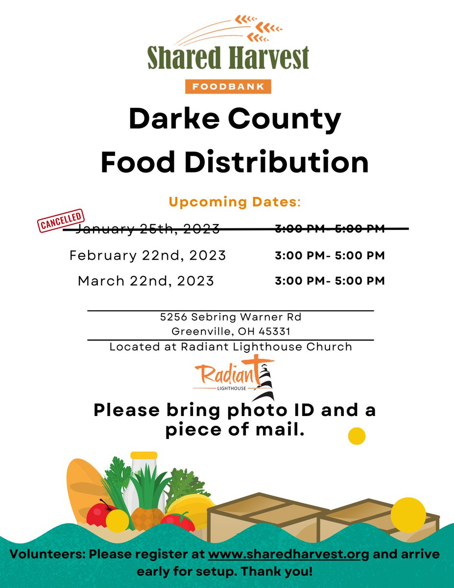 ** ATTENTION**
Due to inclement weather we are cancelling this Wednesday's Food Distribution in Darke Co. If you are are in need of food assistance in this area, please visit our website for a list of pantries: sharedharvest.org/find-a-pantry-… or call our help center513-881-9024
