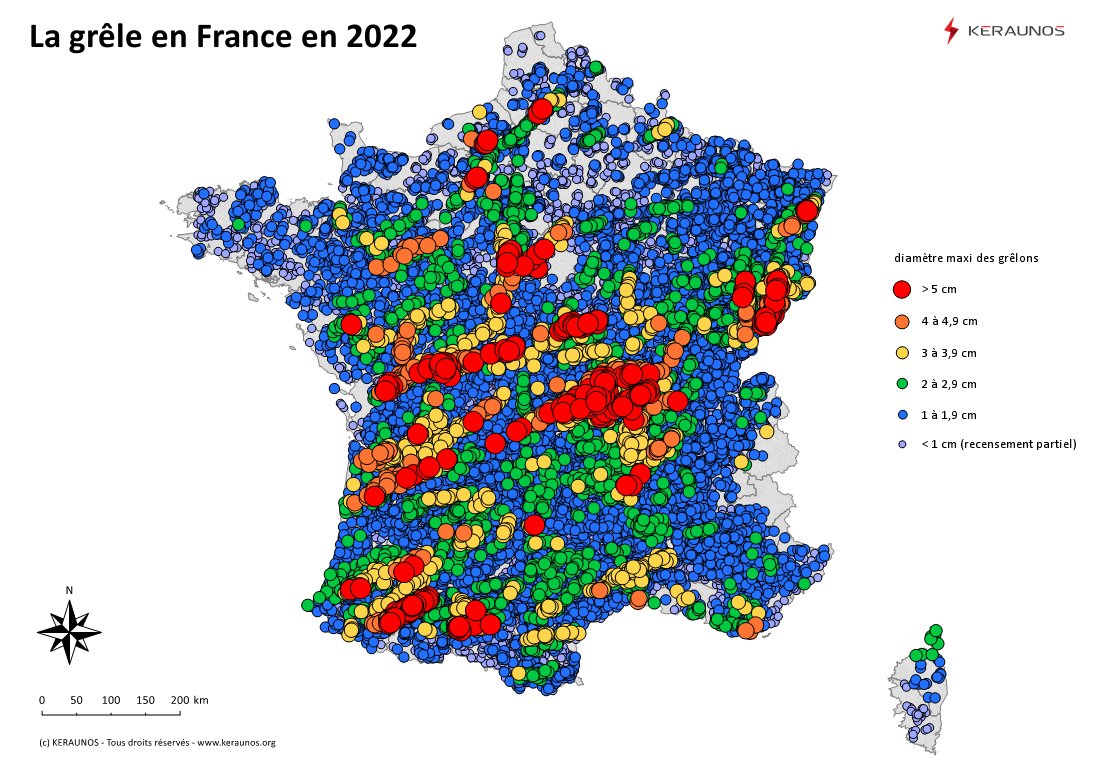 Publication du bilan des chutes de #grêle en France en 2022: une année remarquablement active, ponctuée d'épisodes de grêle étendus et parfois violents. Les plus gros grêlons ont atteint jusqu'à 12 cm de diamètre (grêlons dits 