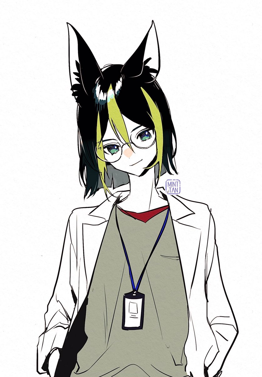 1boy male focus animal ears fox ears solo glasses green hair  illustration images