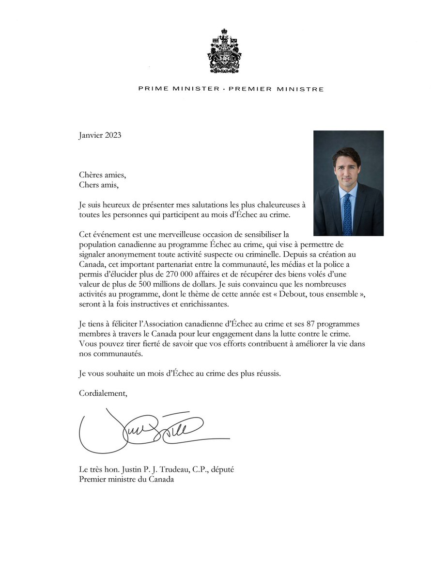Thank you <a href="/JustinTrudeau/">Justin Trudeau</a> for your kind words marking #CrimeStoppersMonth2023 
We are proud to have programs throughout #Canada 
#PrimeMinister #StandUpStandTogether #CCSA #SayItHere #DitesLeIci