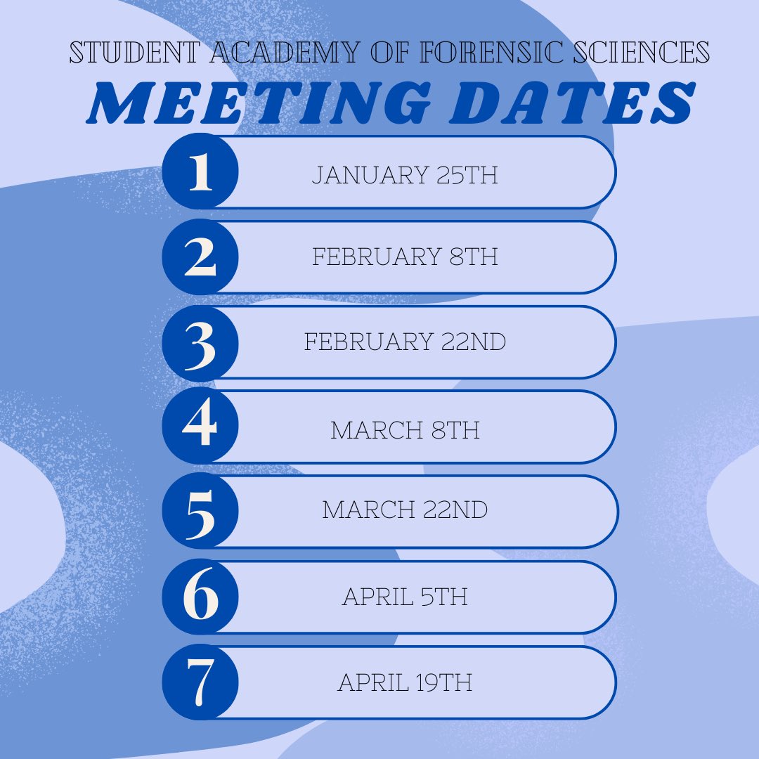 Welcome back everyone!

These are the meeting dates for Spring ‘23, we are very excited for this semester!