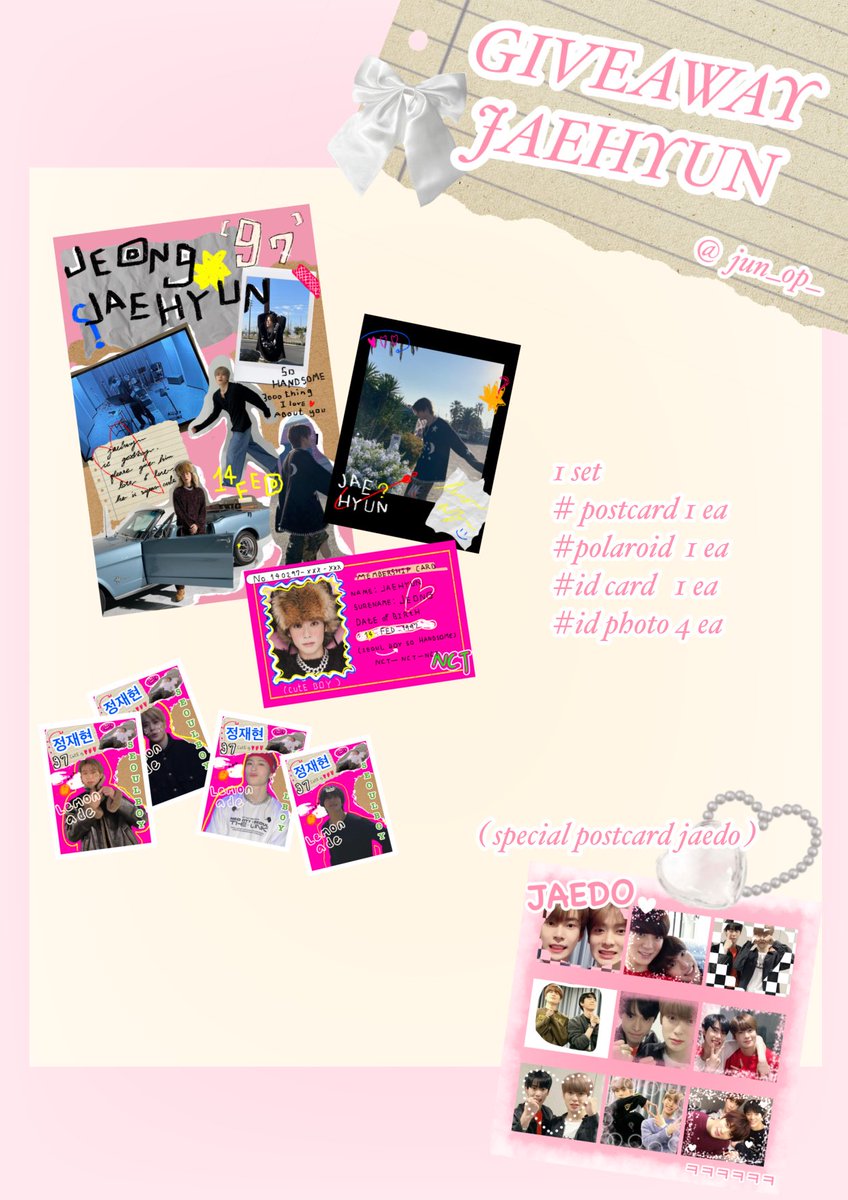 onecolorpink's tweet photo. pls kindly rt / ramdom 1 set
✪ Give away jaehyun boy ˳✧༚
    * only 10 set *

# postcard  1 ea
# id photo   4 ea
# id card     4 ea
# polaroid   1 ea
( ; special postcard jaedo shipper )
Form / 4 feb 2023 ; 20.45 น.
shipping 🛵 , 40.-
#happyjaehyunday #ตลาดนัดnct https://t.co/1qj66NIaTz