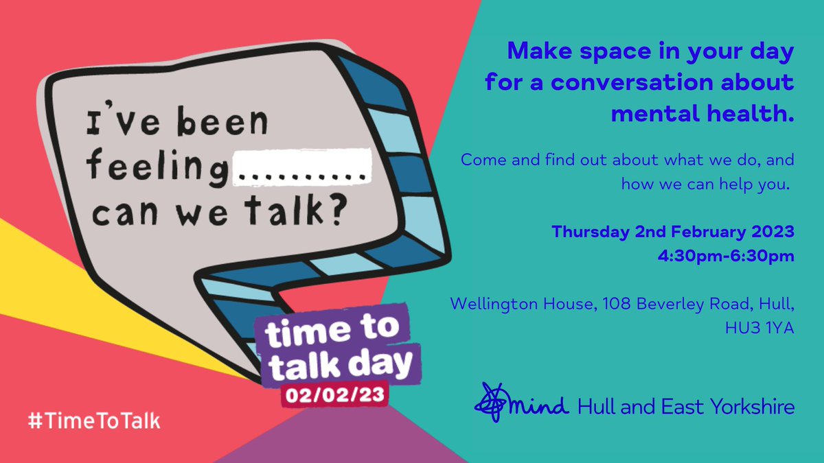 On 2nd February, we are holding a drop in at our offices in Hull. If you want to know more about what we do and how we can help you, pop along, grab a brew and let's talk about mental health. The event will be running from 4:30pm-6:30pm. #TimetoTalk