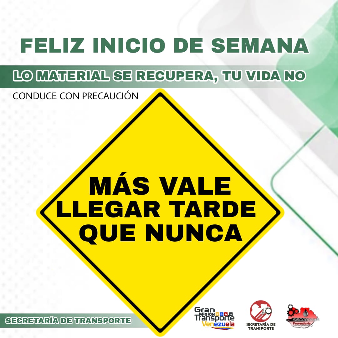 Siempre podrás salir más temprano. Llegar tarde, no es tan importante como tu vida, cuida de tí y de los tuyos ¡Conduce con precaución!

#ConductoresDeEsperanza
#EnCuerpoYAlma
#TransporteGuárico

<a href="/NicolasMaduro/">Nicolás Maduro</a>
@rvaraguayan 
<a href="/vicetransporte/">VICEMINISTERIO DE TRANSPORTE TERRESTRE</a>
<a href="/josemvasquez/">José Vásquez</a>