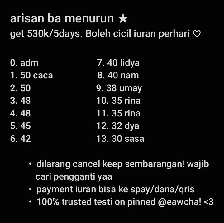 eawcha's tweet image. b. hallo aku open arisan ba menurun get 530k/5hari. Buat yang susah nabung karna uangnya kepake jajan terus/bu buat bulan FEBRUARI mending ikut ini yukk! 🐇 sisa 5 slot ajaa nih abis ini langsung mulai ayoo sinii yang mau boleh dm @eawcha aja yaa! 😗💖 

#zonauang #zonaba