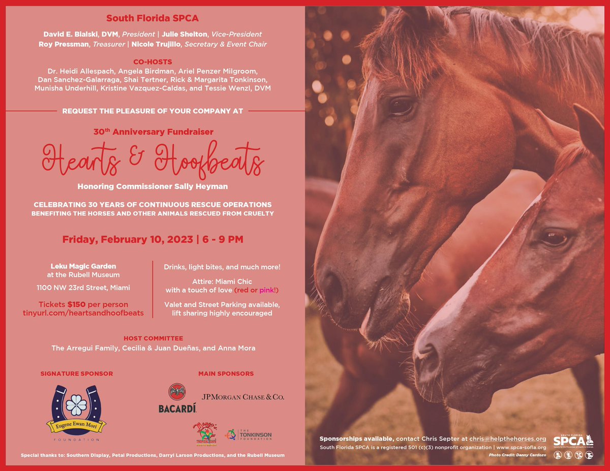 YOU ARE INVITED!

You can get your tickets by visiting the link below:
tinyurl.com/HeartsandHoofb…

#SouthFloridaSPCA #MiamiDade #OnlyInDade #AnimalRescue #NonProfit #Fundraiser #MiamiEvents #HomesteadSocial #SouthFlorida #MiamiDadeCounty #SaveTheDate #HorseRescue