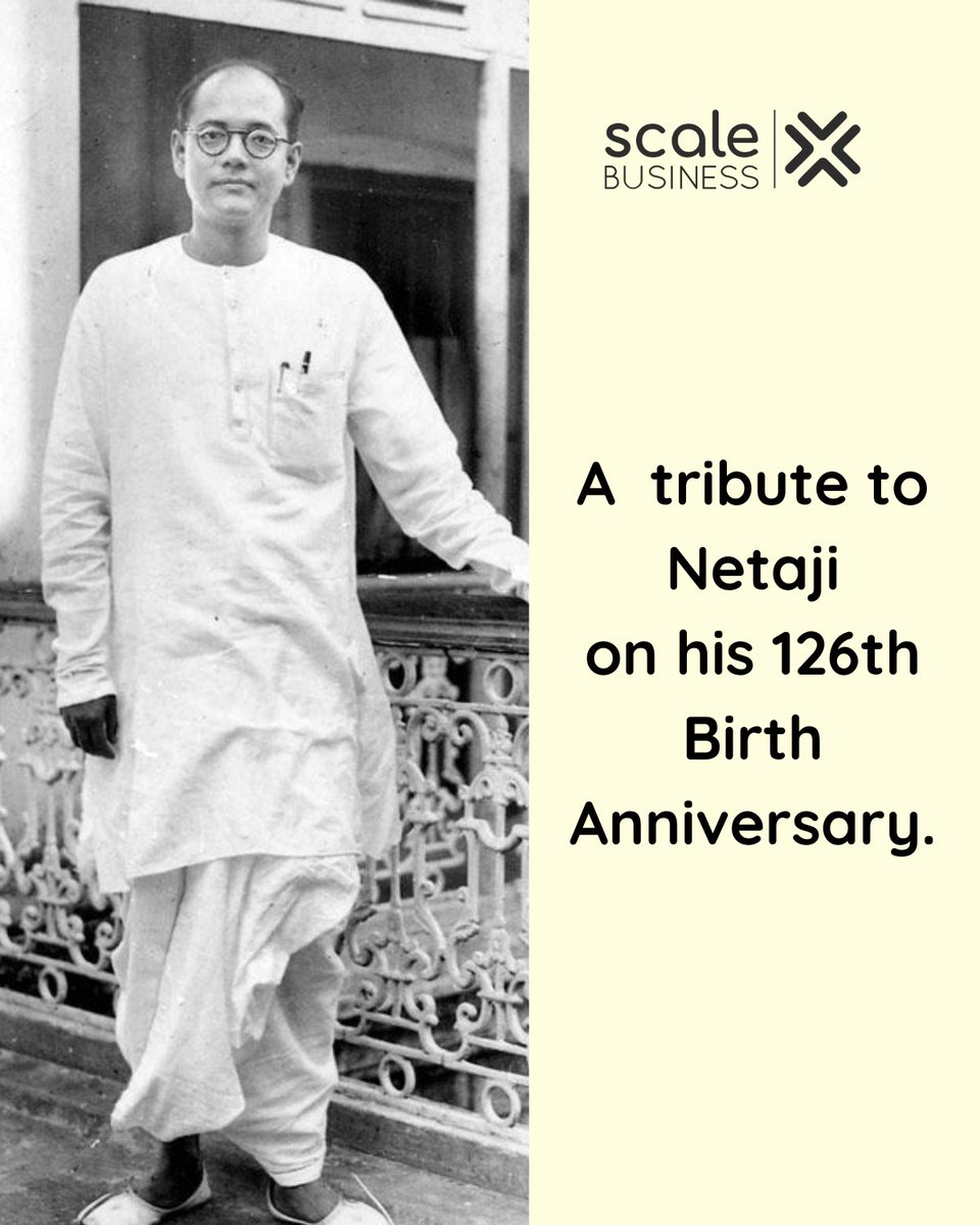 ScaleX_Business's tweet photo. ScaleX Business pays a humble homage to Netaji Subhas Chandra Bose on his 126th birth anniversary. We bring you with some intriguing facts about Netaji's journey towards India's independence.
We shall be eternally thankful to him for his heroic deeds.
#NetajiSubhasChandraBose https://t.co/wcuV8ZTW2R
