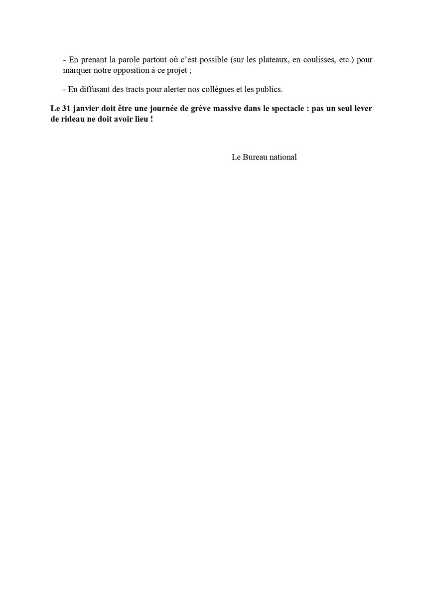 📣 Déclaration du Bureau national du Synptac-CGT - le #31janvier doit être une journée de #grève massive dans le spectacle : pas un seul lever de rideau ne doit avoir lieu ! #ReformeDesRetraites