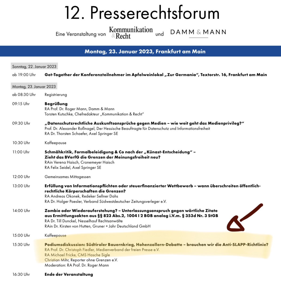 mir_tweets's tweet photo. #Presserechtsforum 2023: Wie jetzt? Noch ein Käffchen und dann schon wieder Finale? Unfasslich! ☕️😱 >> "#Podiumsdiskussion: Südtiroler Bauernkrieg, Hohenzollern-Debatte – brauchen wir die Anti-#SLAPP-Richtlinie?" // #PRF23 #Presserecht @TorstenKutschke @dfv_de 🔜 #PRF24 🤗 https://t.co/Pm0XujKc1x