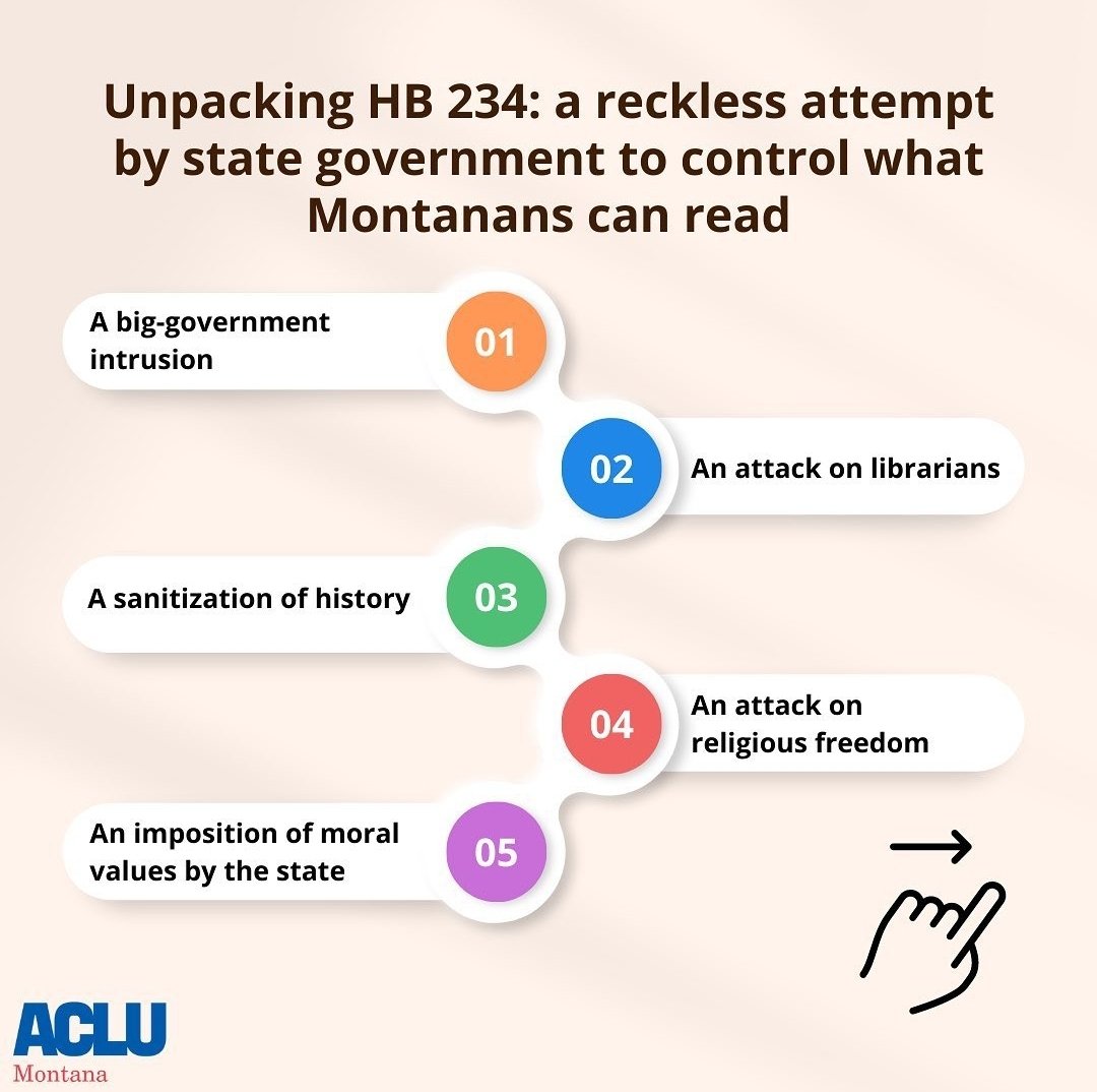 ACLUMT's tweet photo. HB234: revising obscenity laws to enable expanded gov't censorship in our K-12 schools, libraries, &amp; museums. 44 states for 49 years have protected these specific staff members from censorship. We can't let Montana join the cruel minority. Read more: https://t.co/rZ2nd0ZTMn https://t.co/y9iVFtDbqo