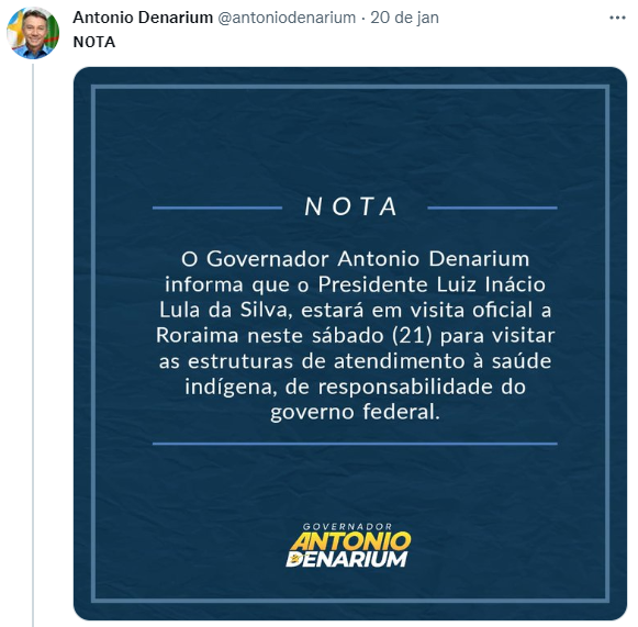 andrearoeirap's tweet photo. Esse tweet é tudo que o governador de Roraima disse nos últimos 5 dias, que pode ser traduzido assim:

"Lula veio ver a calamidade do povo Yanomami mas eu não me misturo com ele e não tenho nenhum interesse na visita. Por mim podia continuar tudo como estava." https://t.co/S5iYEO4C0K