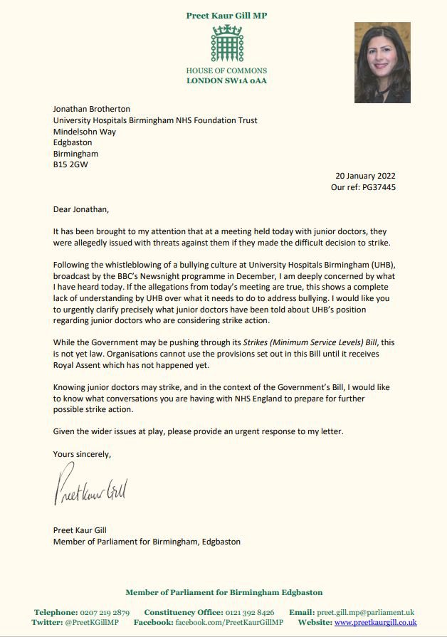 Preet Kaur Gill MP (@preetkgillmp) on Twitter photo I've heard concerning reports that <a href="/uhbtrust/">University Hospitals Birmingham</a> is threatening to refer doctors that strike to ARCP panel. Other Trusts aren't taking this approach.
This is concerning against a backdrop of allegations of a culture of bullying of staff. I await their response to my letter 👇🏾 I've heard concerning reports that <a href="/uhbtrust/">University Hospitals Birmingham</a> is threatening to refer doctors that strike to ARCP panel. Other Trusts aren't taking this approach.
This is concerning against a backdrop of allegations of a culture of bullying of staff. I await their response to my letter 👇🏾