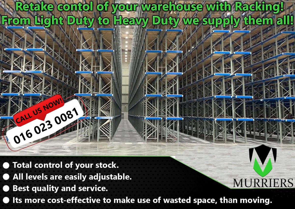 Take control of your warehouse with Murriers.
Learn more at murriers.co.za

#RackingSolutions #racking #rackingsystem #warehousesolutions #storagesolutions #stockcontrol #shelving #shelvingsystem #warehousestorage #lightdutyracking #lightduty #HeavyDuty #heavydutyracking