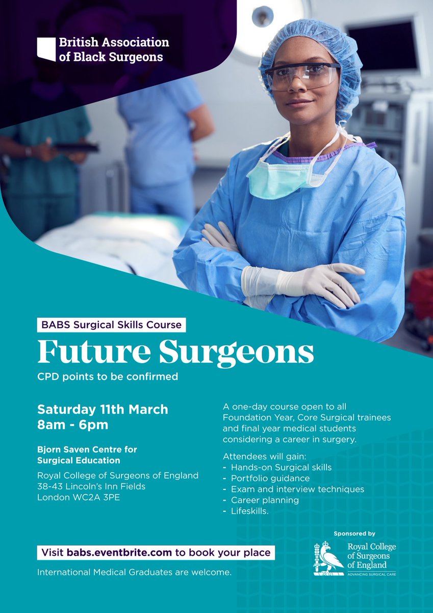 Delighted to be directing this course for the British Association of Black Surgeons on 11/3/23 at ⁦⁦<a href="/RCSnews/">The Royal College of Surgeons of England</a>⁩ . Essential clinical, career &amp; workplace skills for future surgeons. Sign up now! Confirmed Faculty to follow. eventbrite.co.uk/e/495029194647