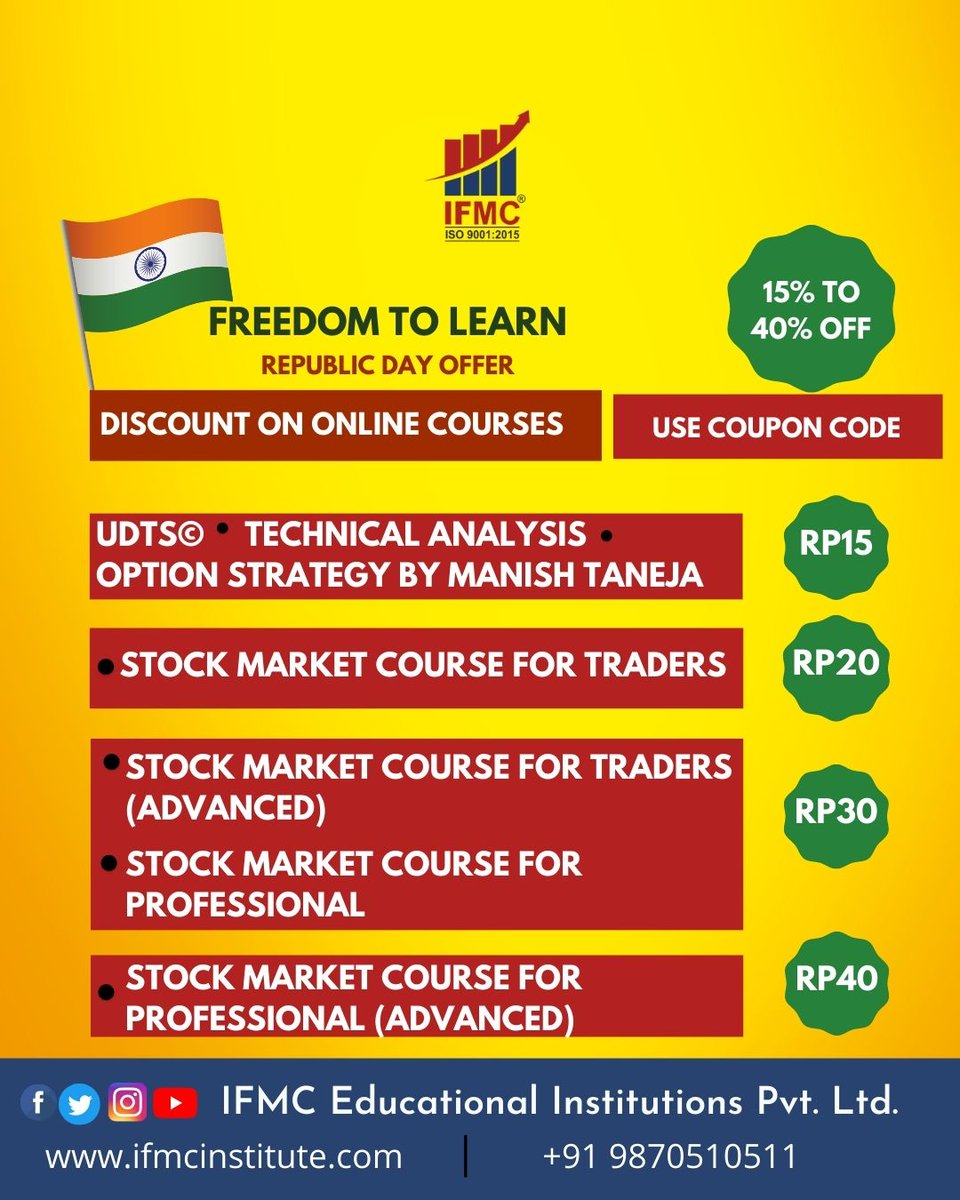 ifmcinstitute's tweet photo. Freedom to Learn is IFMC®’s motto. Always keeping its student’s needs and expectations a priority IFMC® offers discounts on online courses. Visit 👉🔗 https://t.co/khOFnIiMeg for details
#IFMC #StockMarketCourse #UDTS #Learning #AdvancedCourses #India #FreedomToLearn https://t.co/9m0cO4iZIn