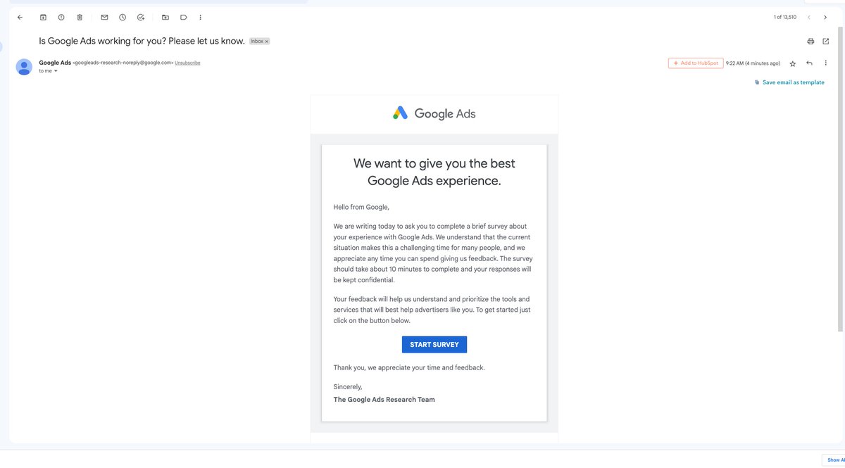 Funniest timing for <a href="/GoogleAds/">Google Ads</a> to send a survey when #GoogleAds is down. lol