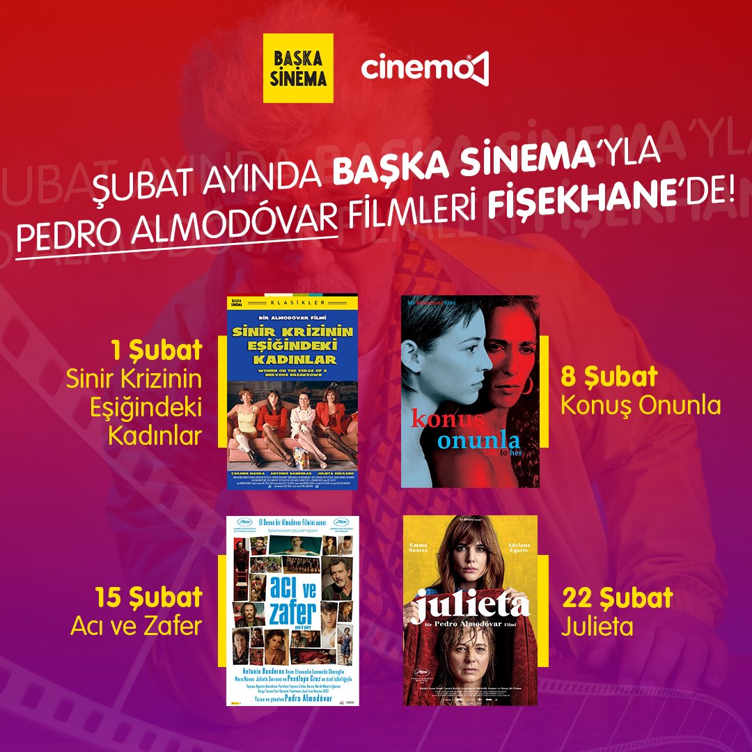 CinemoTR's tweet photo. Başka Sinema işbirliğiyle Fişekhane Cinemo’da Şubat ayı boyunca sinemaseverleri, ünlü yönetmen Pedro Almodovar’ın kült filmleri ile buluşturuyoruz. 🎬

Biletler https://t.co/EM2eFf4rVa’da

#fişekhanedebuluşuyoruz #sinemayacinemoya #pedroalmodovar #başkasinema https://t.co/kRng4GV9IG