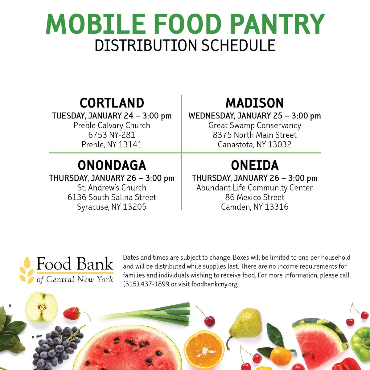 FoodBankofCNY's tweet photo. Looking for fresh food items at no cost? We're here to help!

🚛: Our Mobile Food Pantry will be in #Preble, #Canastota, #Syracuse, and #Camden.

🍎: Food Bank partner agencies are hosting distributions in #NorthBay, #Bridgeport, #Syracuse, #Vernon, and #Adams. https://t.co/92PiAWPZhF