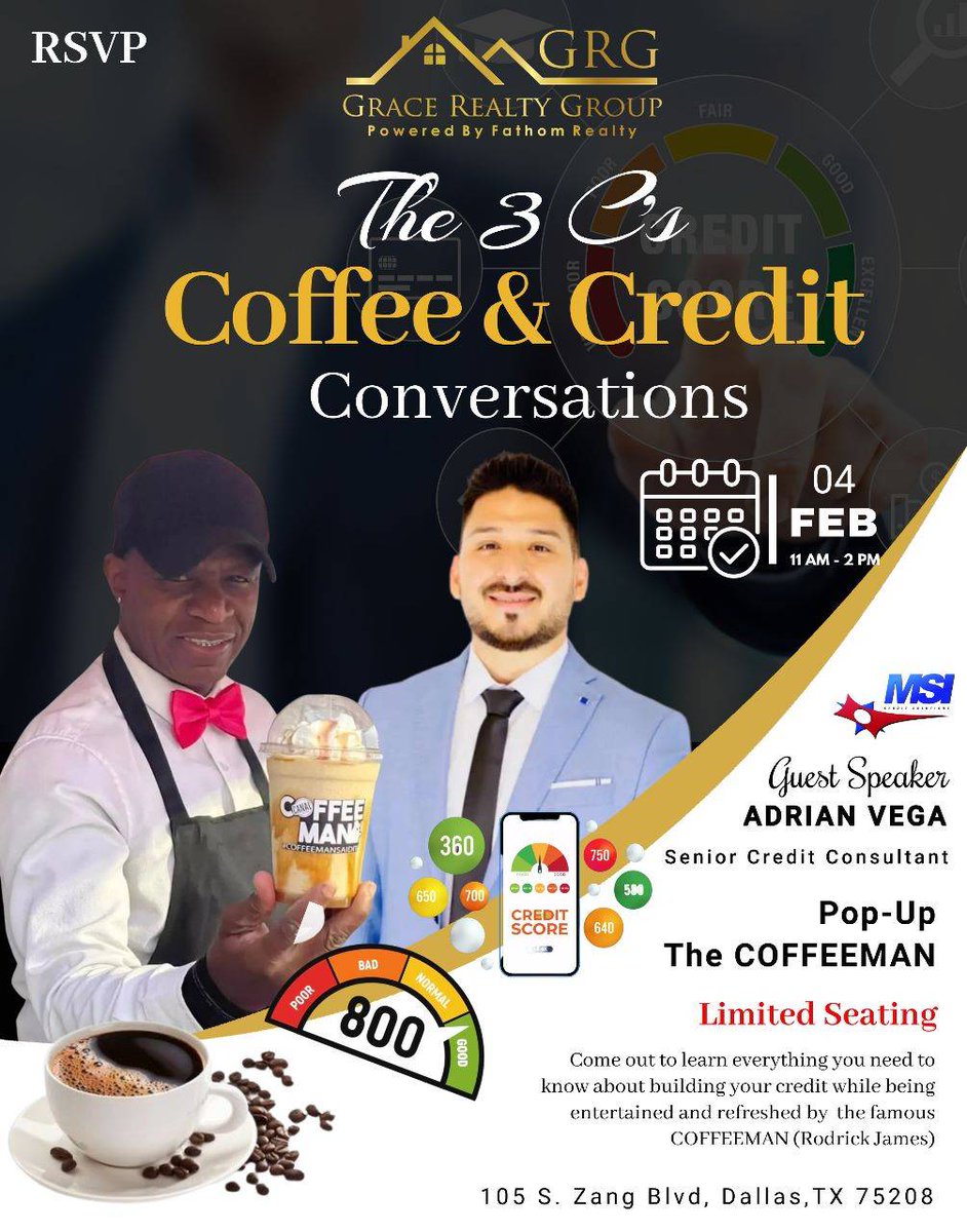 Limited Seating available. Please contact us for more information! 469.472.2344

#coffeemansaidit #coffeemanpopupshop #creditrepair #creditrepairdallas #homeownership2023 #msicreditsolutions #dallasrealtor