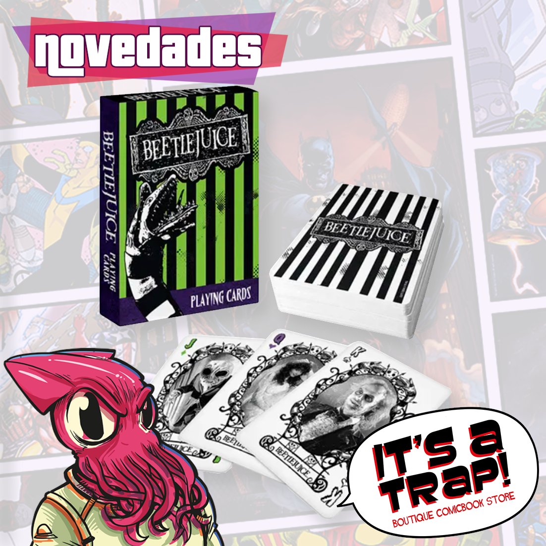 itsatrapcomic's tweet photo. ¡Más novedades en It's a Trap Boutique Comicbook store! Beetlejuice: Juego De Naipes. 

Celebre la obra maestra macabra de Tim Burton con este juego de cartas de Beetlejuice adecuadamente gótico.

#bettlejuice #timburton #horror #horrorcommunity #bhorror #instagood #aesthetic https://t.co/NUKCtnRzeI