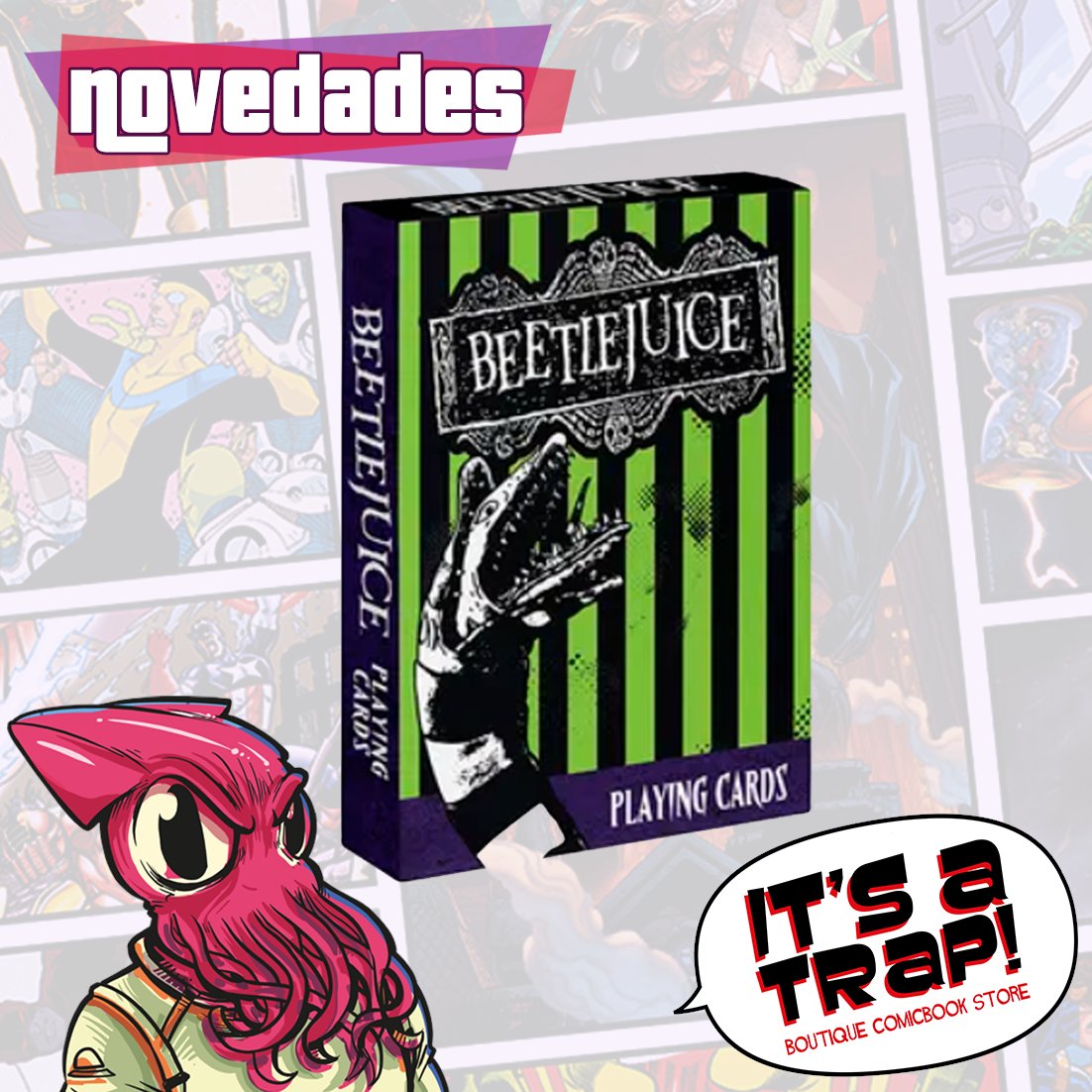 itsatrapcomic's tweet photo. ¡Más novedades en It's a Trap Boutique Comicbook store! Beetlejuice: Juego De Naipes. 

Celebre la obra maestra macabra de Tim Burton con este juego de cartas de Beetlejuice adecuadamente gótico.

#bettlejuice #timburton #horror #horrorcommunity #bhorror #instagood #aesthetic https://t.co/NUKCtnRzeI