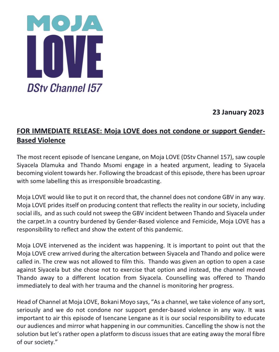 MojaLoveTv's tweet photo. MEDIA STATEMENT: MOJA LOVE Does not Condone or Support Gender Based Violence. https://t.co/yRZxmmsY6a