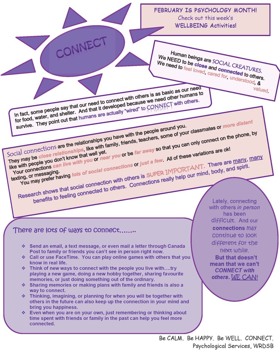 PsychologyWRDSB's tweet photo. Human beings are social creatures, we need to be close and connected to others. Connecting with others helps your mind, body, and spirit. Check out this poster by @WRDSB Psychology Staff on the importance of connection. #psychologymonth #selfcare #wrdsb #connection https://t.co/OdgnkpWN0t