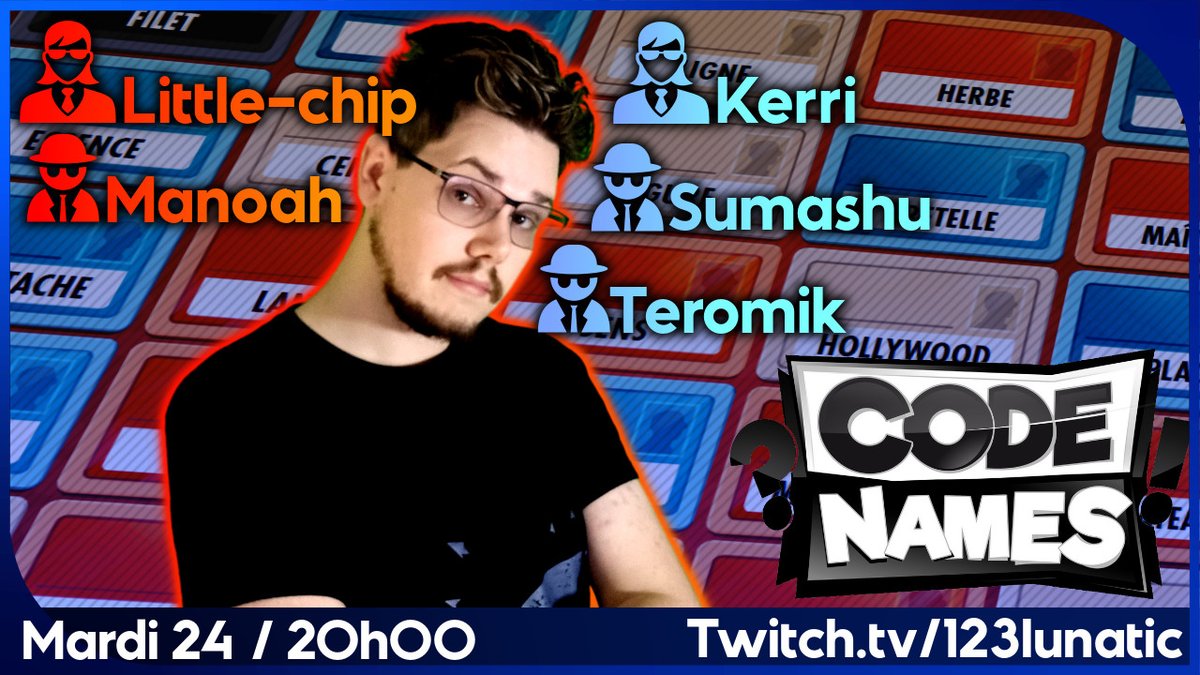 Passage004's tweet photo. Demain soir on revient ENFIN sur #CodeNames !!

Avec @ManoahTanghe , @littlechiiip , @KerriSama , @Sumashu et @leTeromik 🕵️

C'est reparti pour des disaster-classe de logique 💜
à demain sur twitch. tv/123Lunatic !! https://t.co/YQvQO8Z3r0