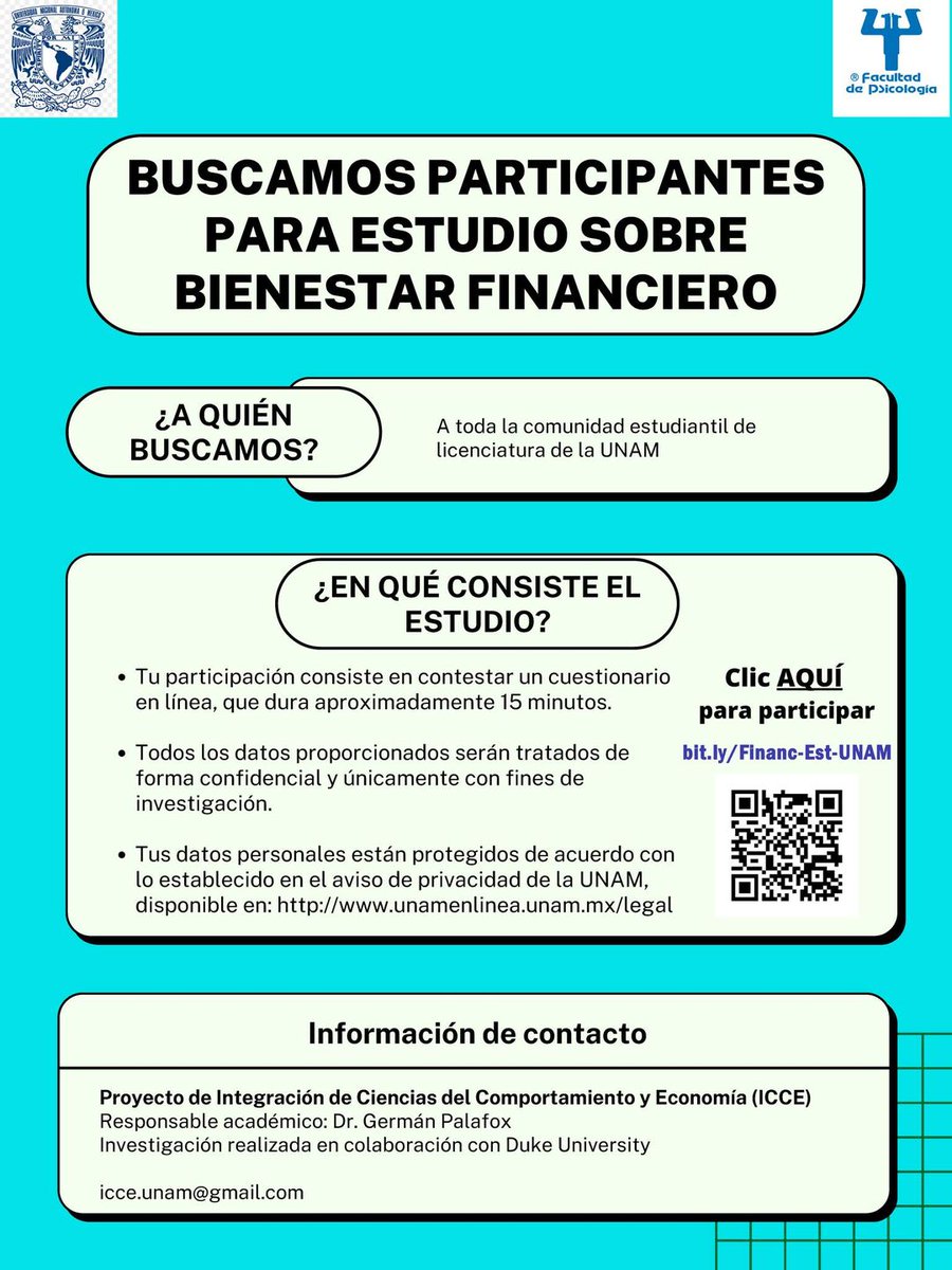 Hola comunidad estudiantil de <a href="/unam_psicologia/">Facultad de Psicología de la UNAM</a>, 

Estamos realizando una investigación sobre bienestar financiero, por lo cual solicitamos su apoyo para responder una encuesta. 

Acá les dejamos la info 👇🏼

¡Muchas gracias! 

#apoyoalainvestigación