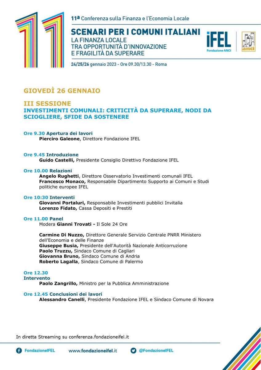 🔹#Finanzalocale. Al via domani la tre giorni di #XIConferenzaIFEL, in streaming su conferenza.fondazioneifel.it. 
Apertura dei lavori a cura del presid. @comuni_anci Decaro. 
Alle 11.15 intervento del coord. commissione Finanza locale Anci Liguria Piciocchi
➡️anciliguria.it/newsbox/finanz…