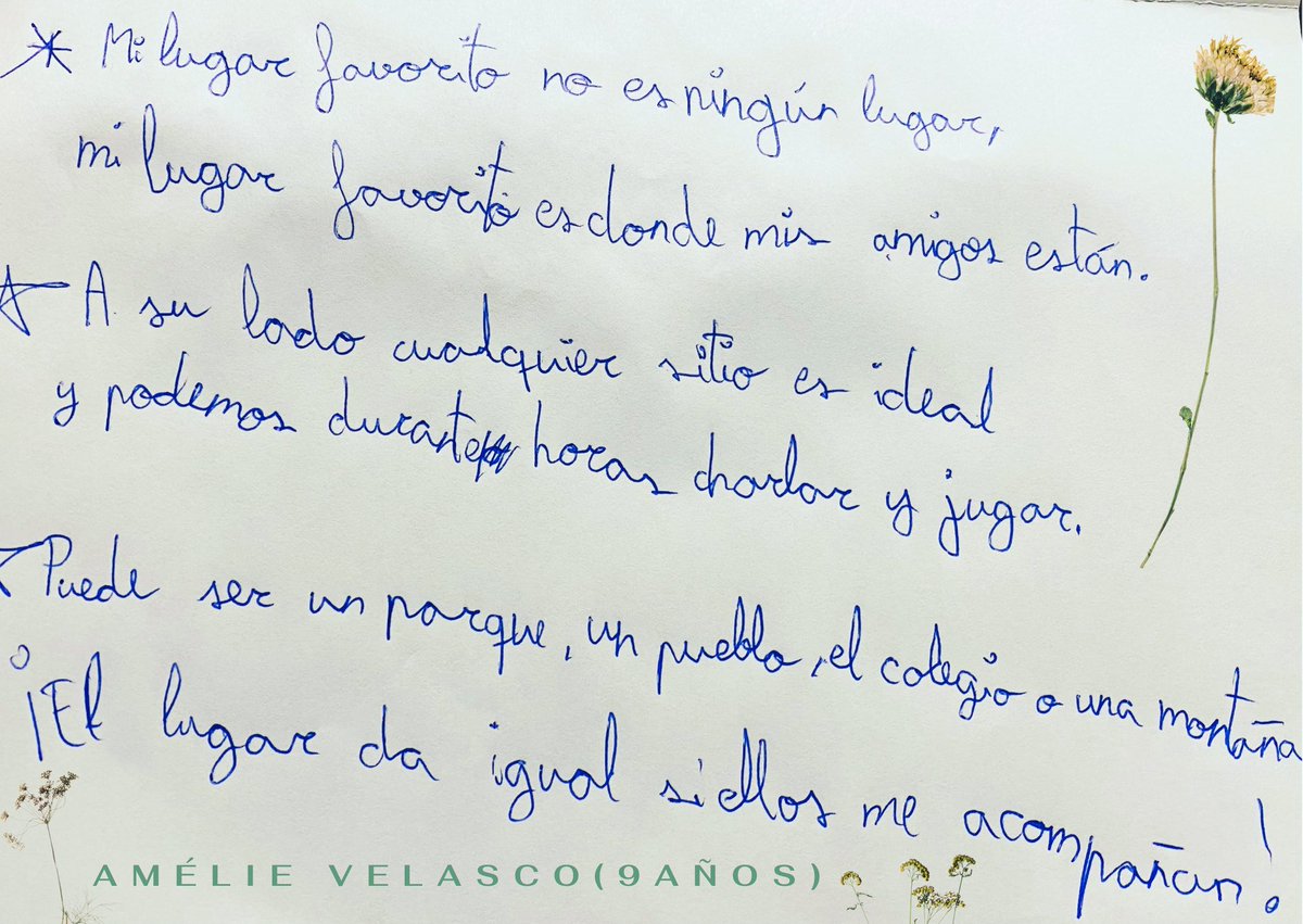 Manu___Velasco's tweet photo. Suelo compartir por aquí textos míos, pero hoy os dejo un texto de mi hija Amélie de 9 años. Tenía que crear una poesía de arte mayor y con rima para el cole y este es su borrador. 😍

Mi lugar favorito no es ningún lugar,
mi lugar favorito es donde mis amigos están. 👇 https://t.co/aDZV3ylBtd