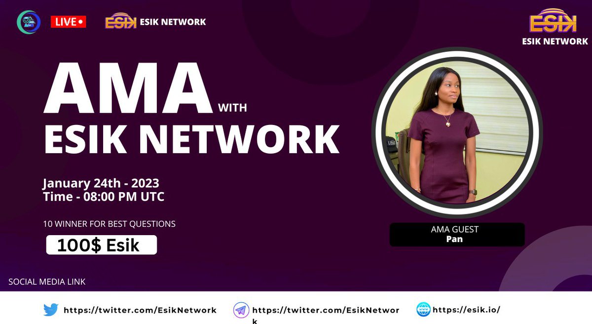 🎙️ AMA ANNOUNCEMENT -114 Dear community, We are pleased to announce that Asia Community will conduct AMA with ESIK NETWORK on 24th January at 8:00 PM UTC 🏠 Venue : @Asiacommunity 📆 Date : 24th January 2022 🕰️ Time : 8:00 PM UTC 🎁 Rewards: 100$ ESIK Token 👨‍🎤Guests : Ms.Pan