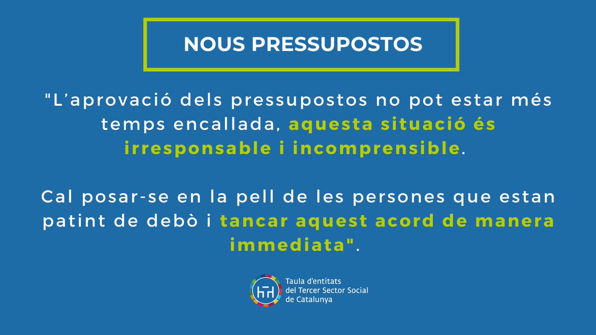 📣Des de la <a href="/Taula3sector/">Taula Tercer Sector</a> exigim als partits polítics un acord immediat per desencallar l’aprovació dels #nouspressupostos de la Generalitat de Catalunya.

❗Són imprescindibles per pal·liar les conseqüències d’una crisi social i econòmica molt crítica.