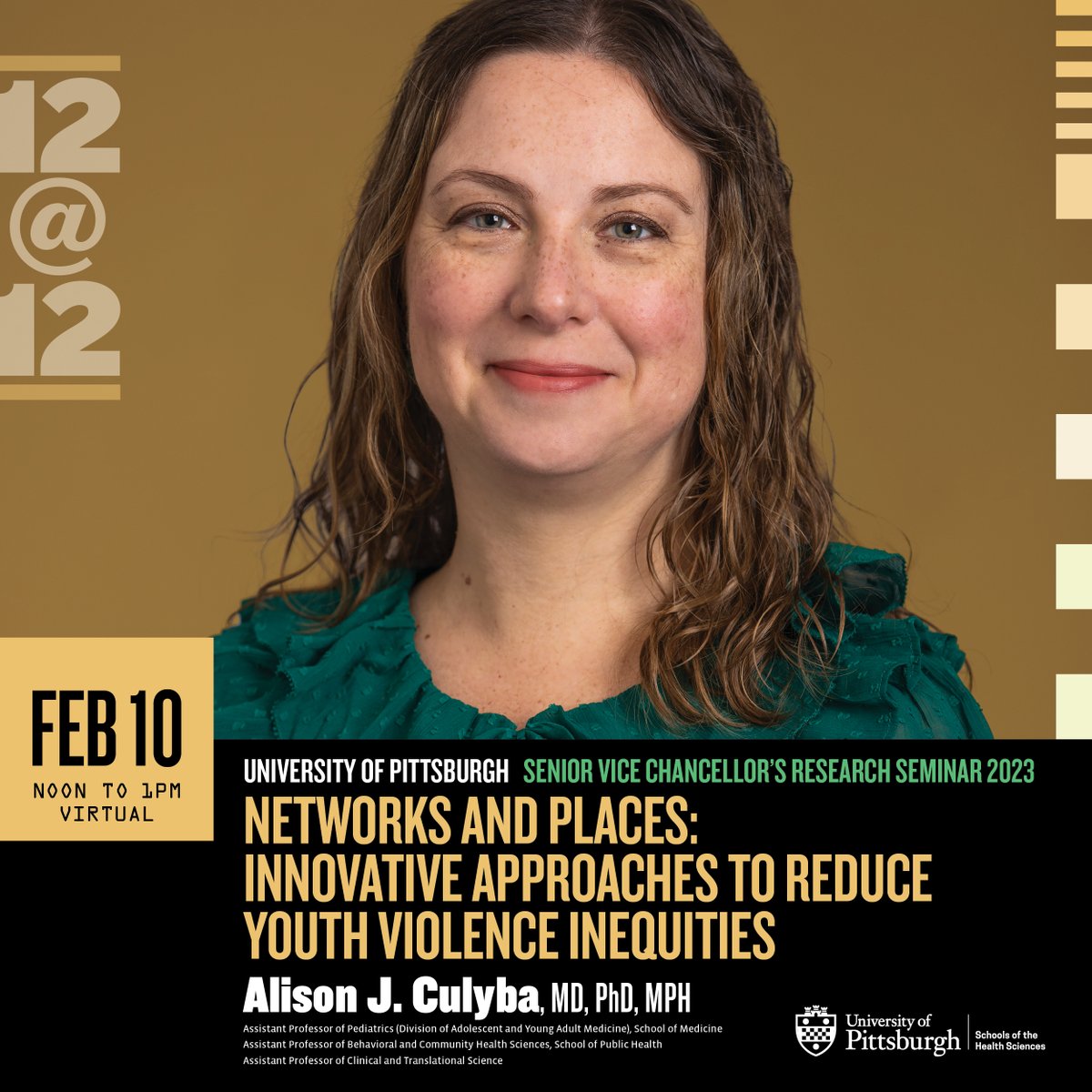 Alison J. Culyba will discuss approaches to youth violence inequities at the Feb. 10 Senior Vice Chancellor's Research Seminar. Register here: bit.ly/3kG19Q8. <a href="/alisonculyba/">Alison Culyba</a> @pittpediatrics @pittpubhealth