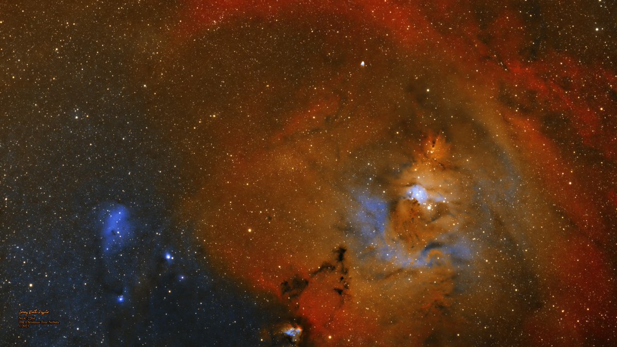 Endolf's tweet image. I might be a bit late (or early), but here is my first image for a long time, the Christmas Tree Cluster, 2,500(ish) light years away and 7h41m of narrowband data.

#qhy #qhy268m #astrophotography #stellarmate #pixinsight #sharpstar