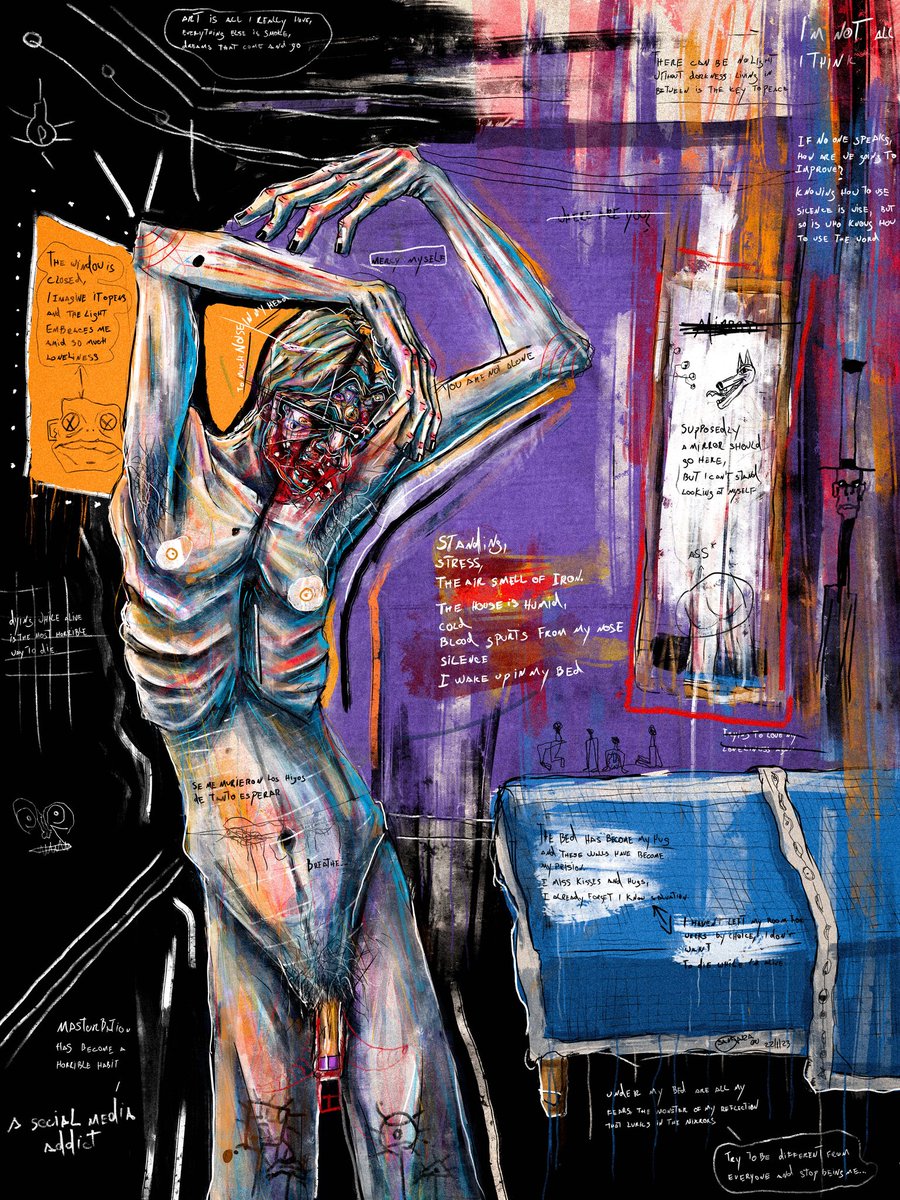 Good Morning 🔥

Self-Portraits #7 The Room, is officially available in my SCRAWLS collection. 👀🔥

I cannot say that I am living the best moment of my life, nor the worst, I am in a waiting stage, sitting in my chair without leaving the room, my jail..
.
Links and detalis 👇
