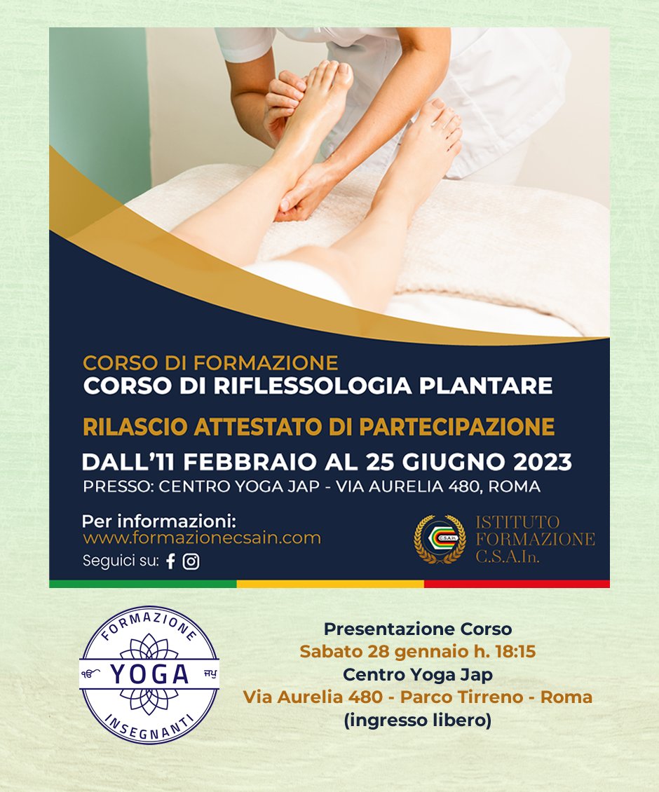 Presentazione dei Corsi Organizzati dall'Istituto di Formazione C.S.A.I.n. e ospitati dal Centro Yoga Jap -> 
- Corso per Insegnanti di Kundalini Yoga 
- Corso per Insegnanti di Yoga 0-14 anni 
- Corso per Operatori di Riflessologia Plantare
-> facebook.com/events/2121072…