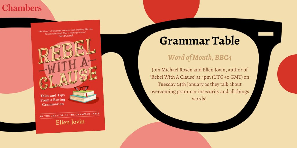 Join @MichaelRosenYes and @GrammarTable tomorrow (24/01/23) on @BBCRadio4 at 4pm (UTC +0 GMT) as they talk about overcoming grammar insecurity and all things words! Find out more here: bbc.co.uk/programmes/m00…