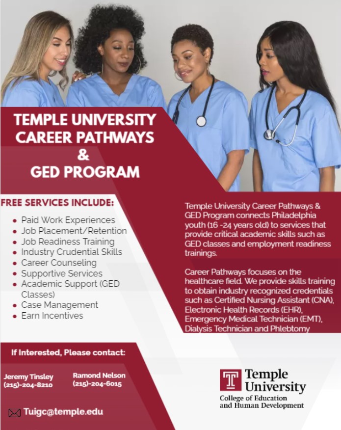 Youth Program Alert!! Temple U's Career Pathways and GED Program is recruiting now for 16-24 year olds interested in healthcare careers! See the flyer for full details